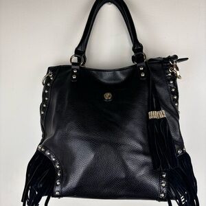 Galian NY black fringe hobo bag in black with tassels and crossbody strap